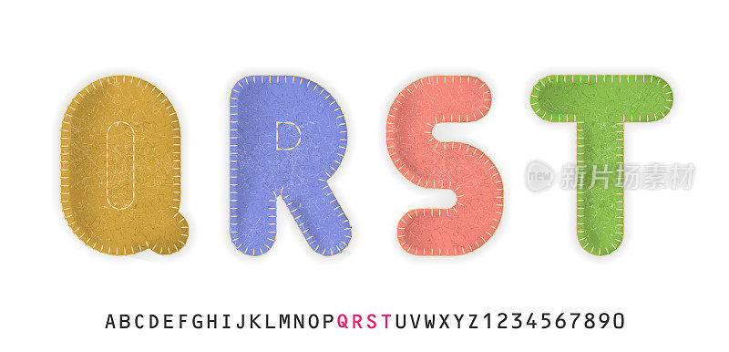 真实大写字母Q, R, S, T制成的彩色毡织物。为节日可爱的设计。